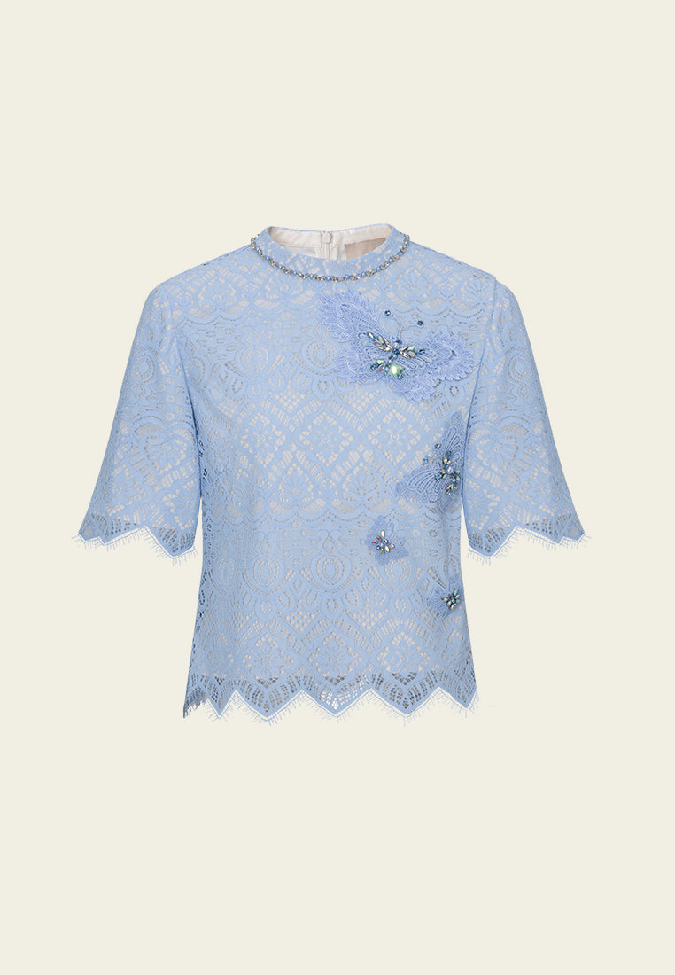 Embellished Butterfly Appliqué Lace Shirt