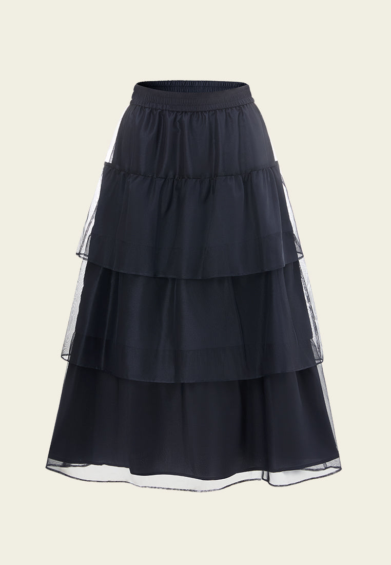 Elasticated-waistband Layered Maxi Mesh Skirt Blue