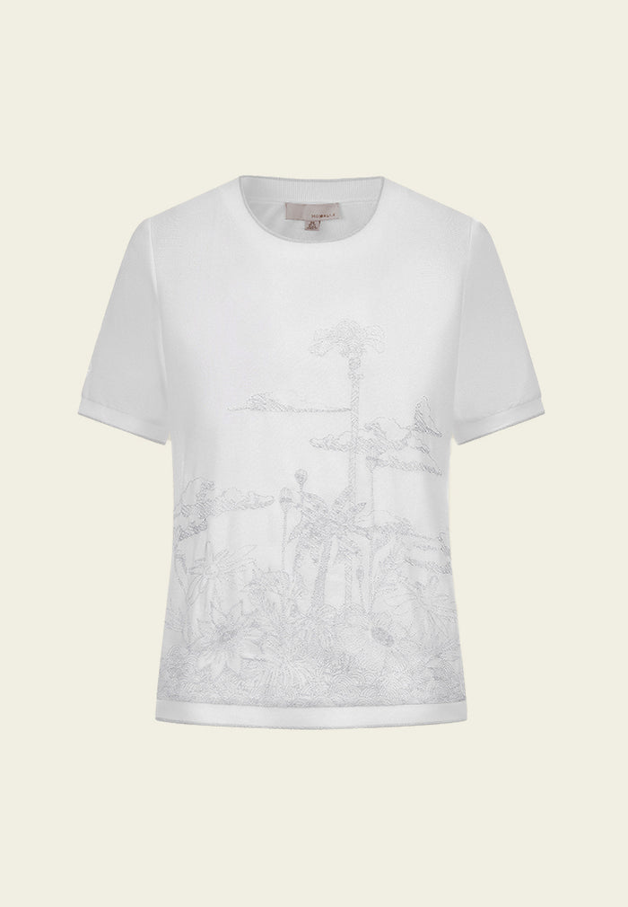 White Landscape Embroidered Top