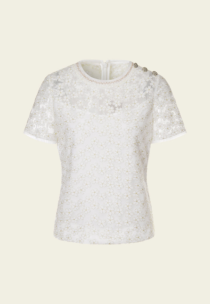 Shoulder-buttoned Sakura-embroidered Mesh Top