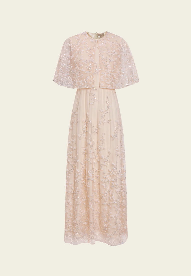 Cape-Detail Appliqué Mesh Dress