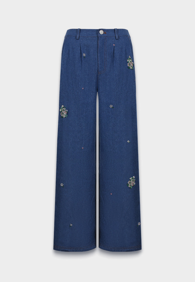 Indigo Bloom Wide-Leg Denim Pants