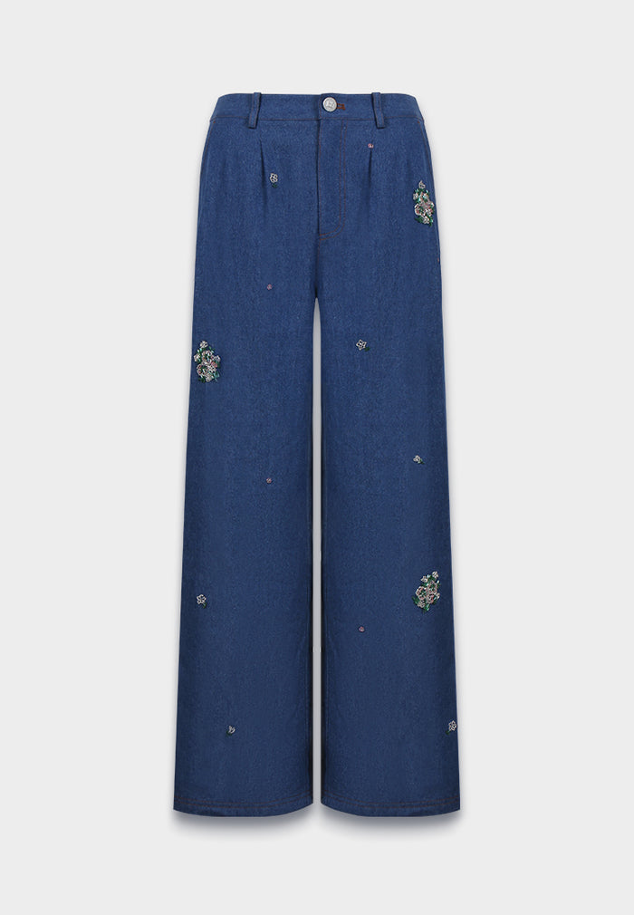 Indigo Bloom Wide-Leg Denim Pants