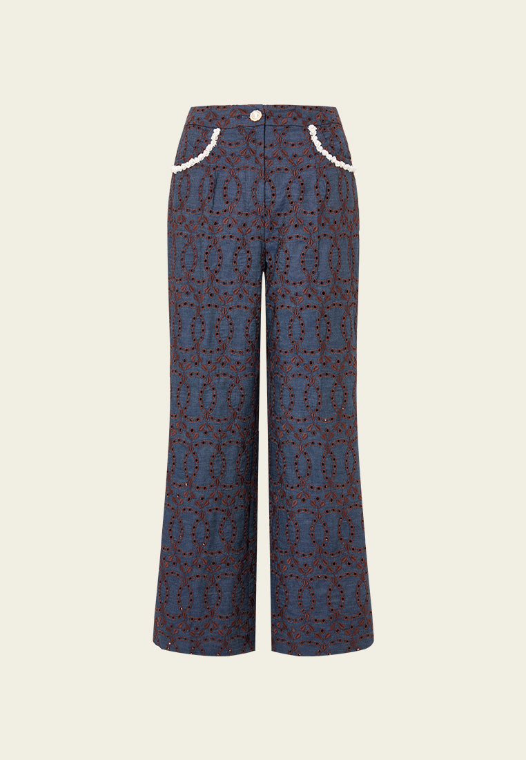 Contrast Embroidered Monogram Flared Trousers