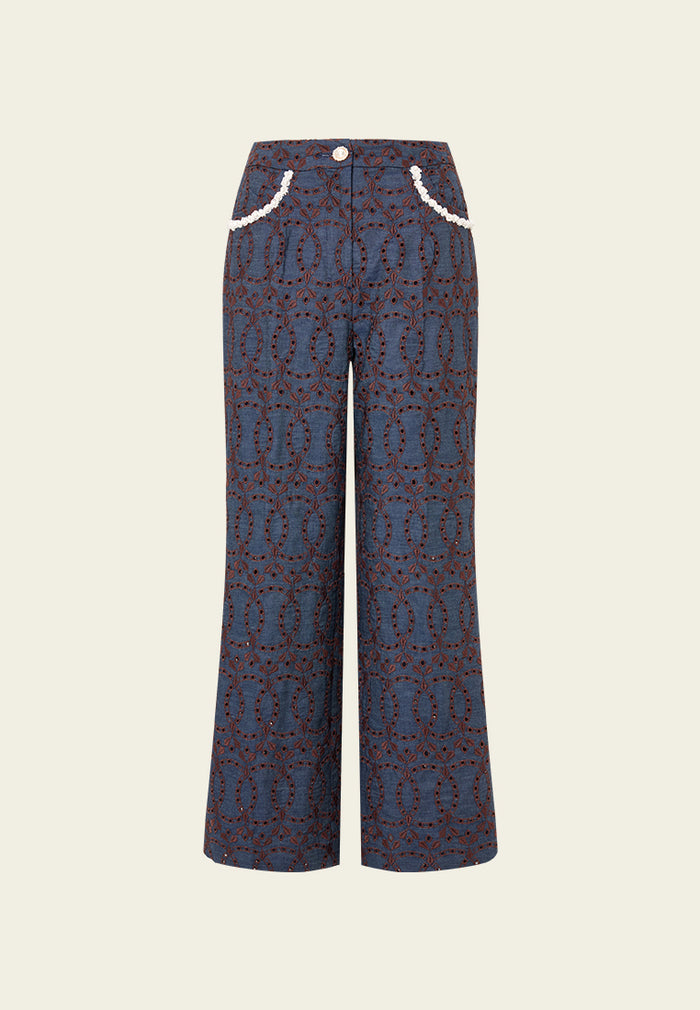 Contrast Embroidered Monogram Flared Trousers