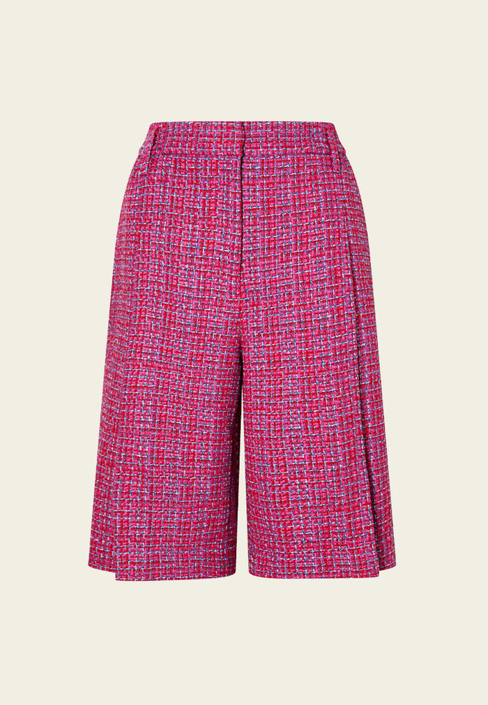 Three-quarter Fuchsia Checked Mix-tweed Wide-leg Trousers