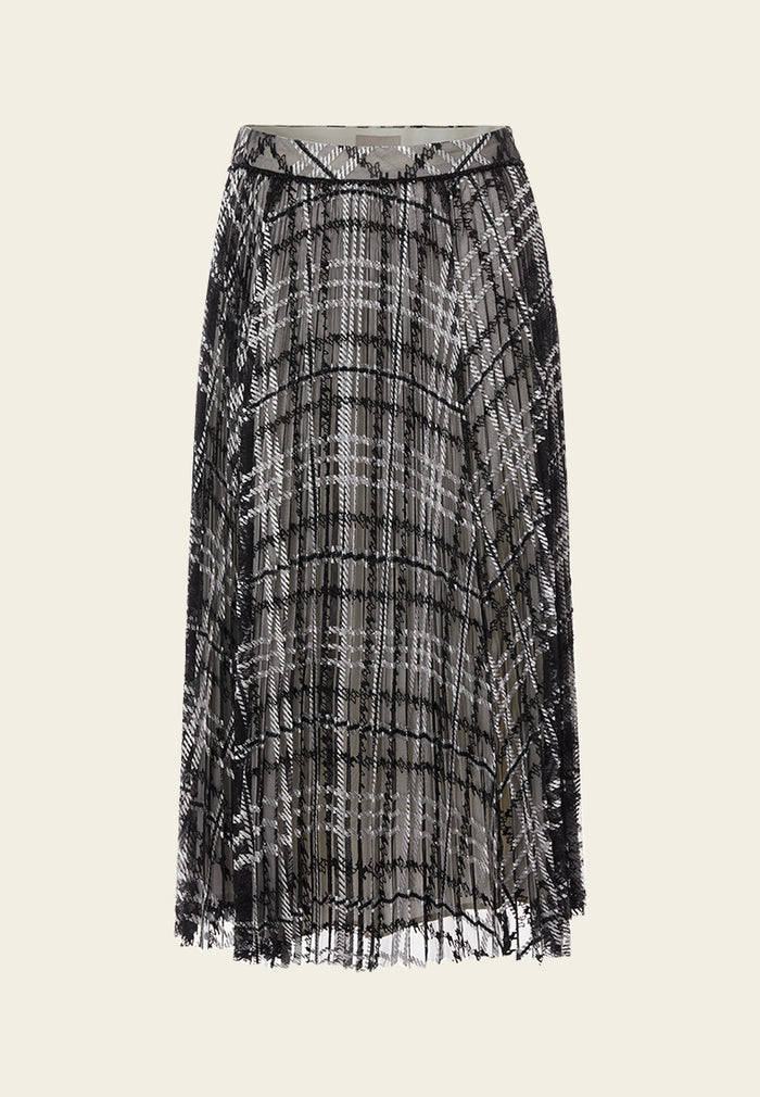 Checked-embroidered Mesh Pleated Skirt