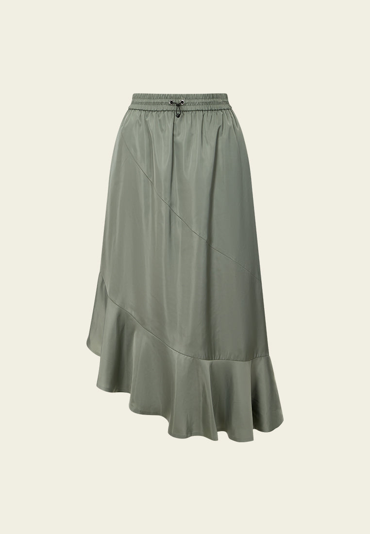 Drawstring-waist Exposed-seam Asymmetric-hem Skirt