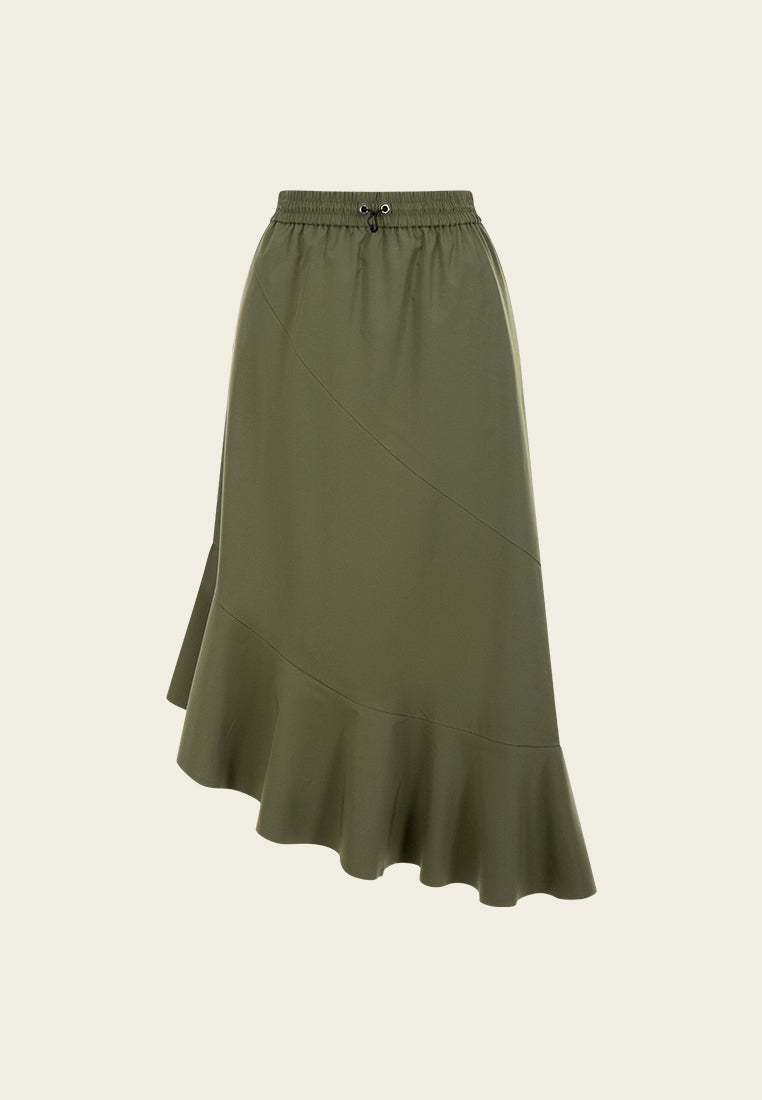 Drawstring-waist Exposed-seam Asymmetric-hem Skirt