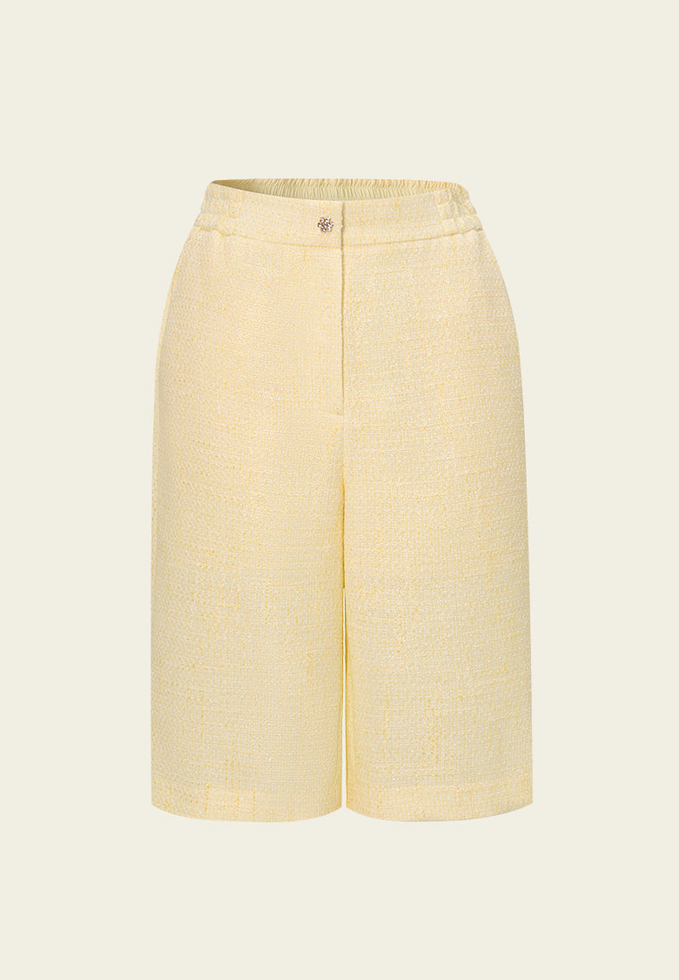 Crystal-button Wide-leg Three-quarter Tweed Trousers Yellow