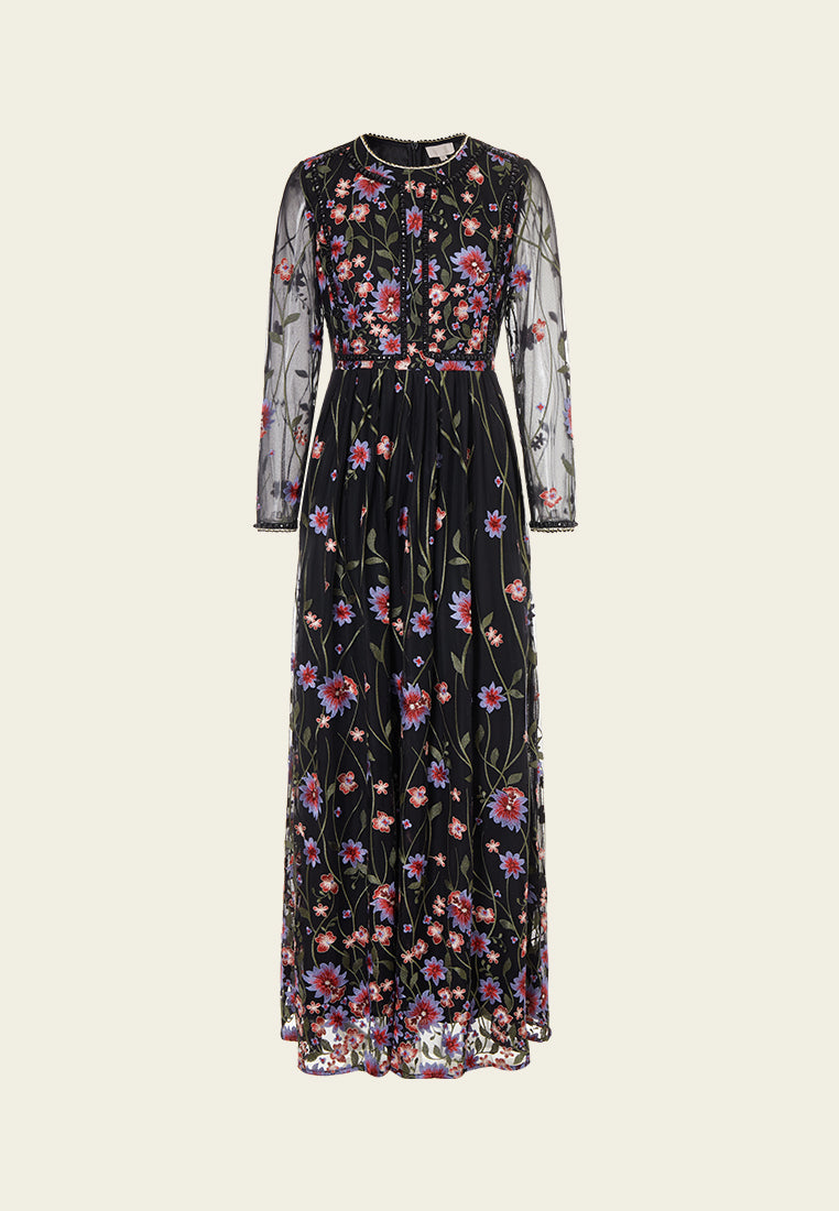 Oriental Embroidered Mesh Maxi Dress