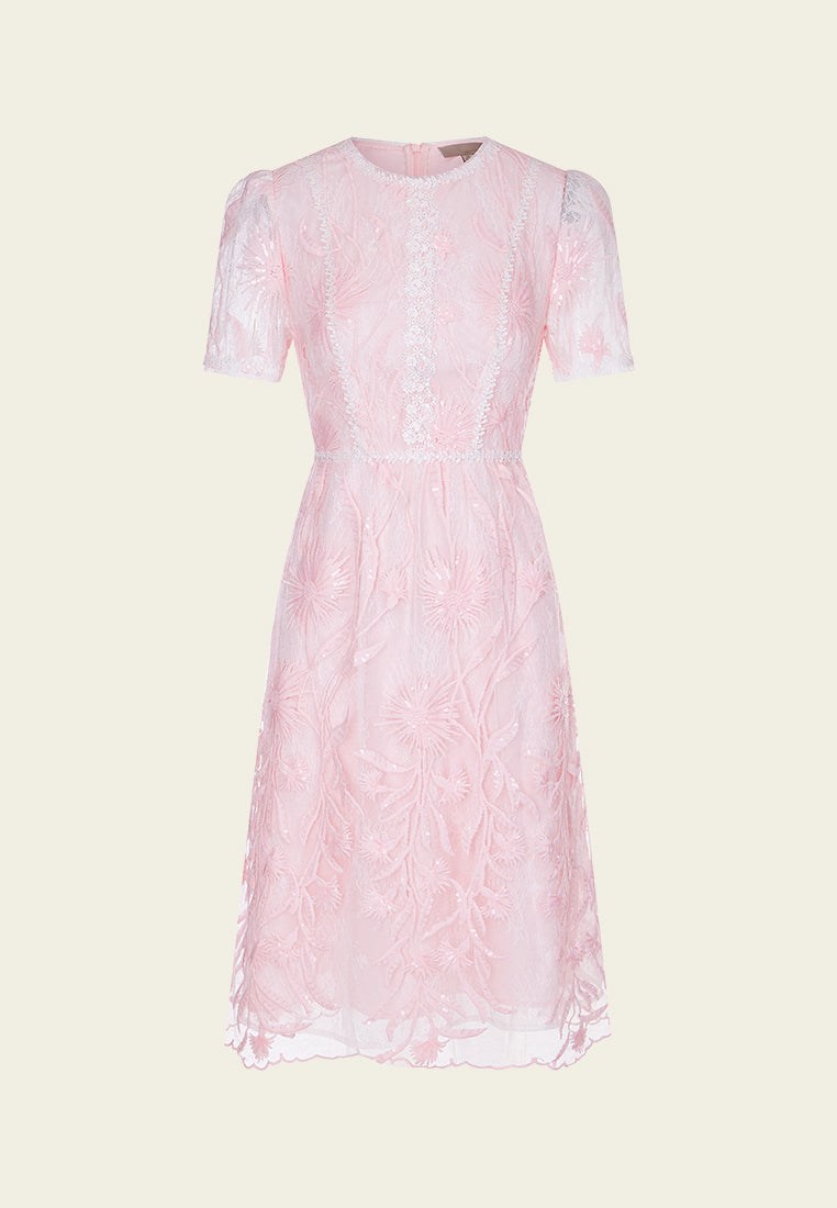 Lace-appliqué Floral-embroidery Puff-sleeve Dress