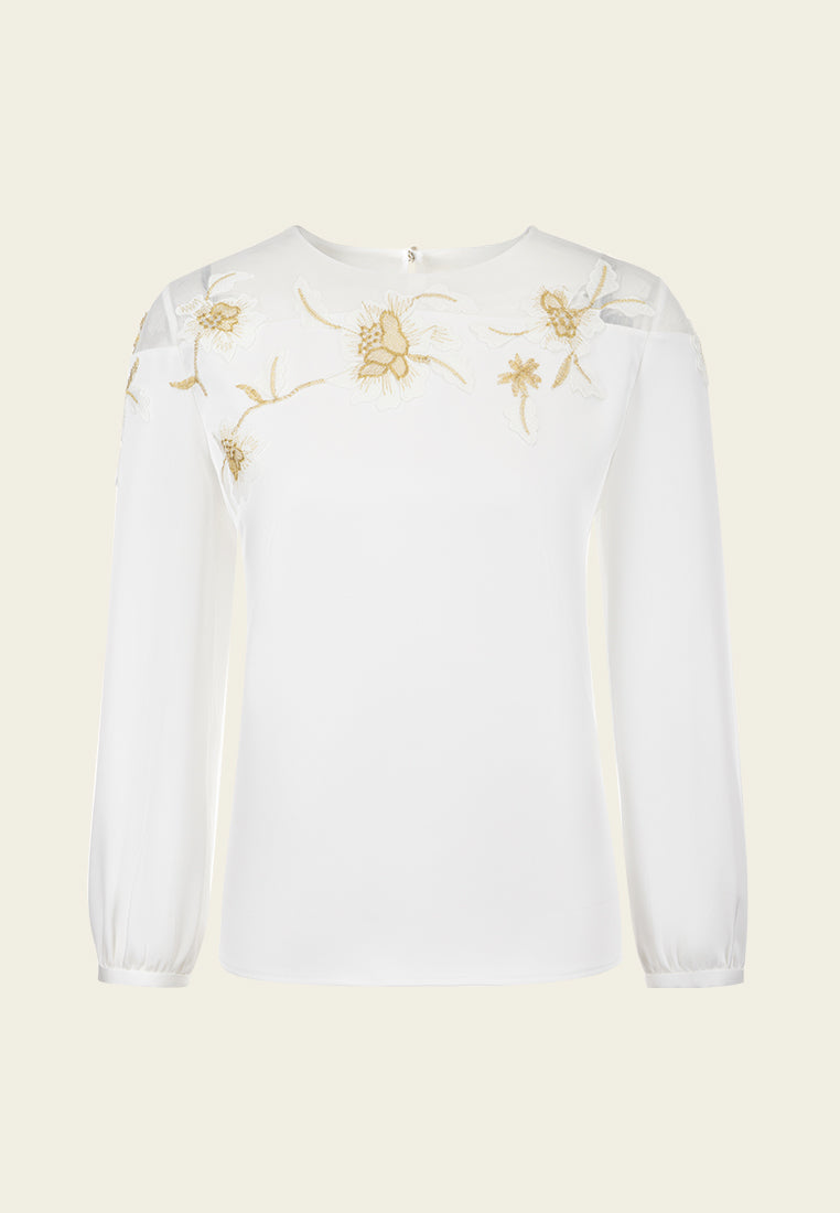 Appliqué Patchwork Puff-sleeve Top