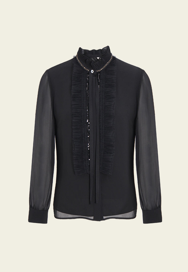 Embellished Pleated Sheer Blouse