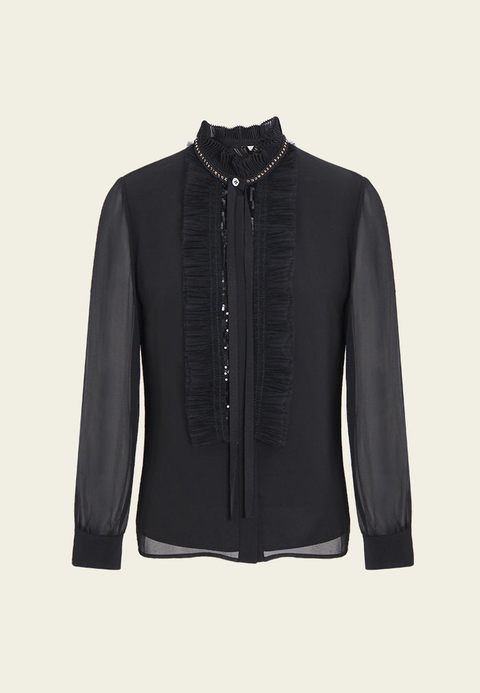 Embellished Pleated Sheer Blouse