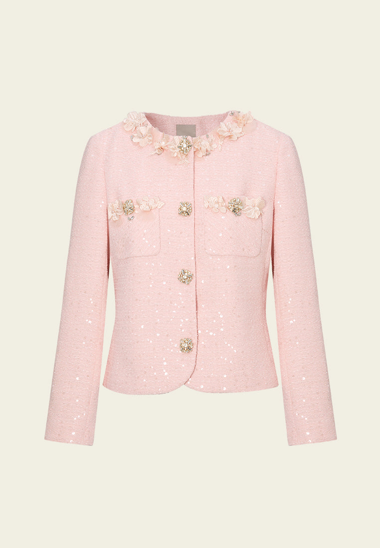 Appliqué-detail Crystal-button Cropped Tweed Jacket