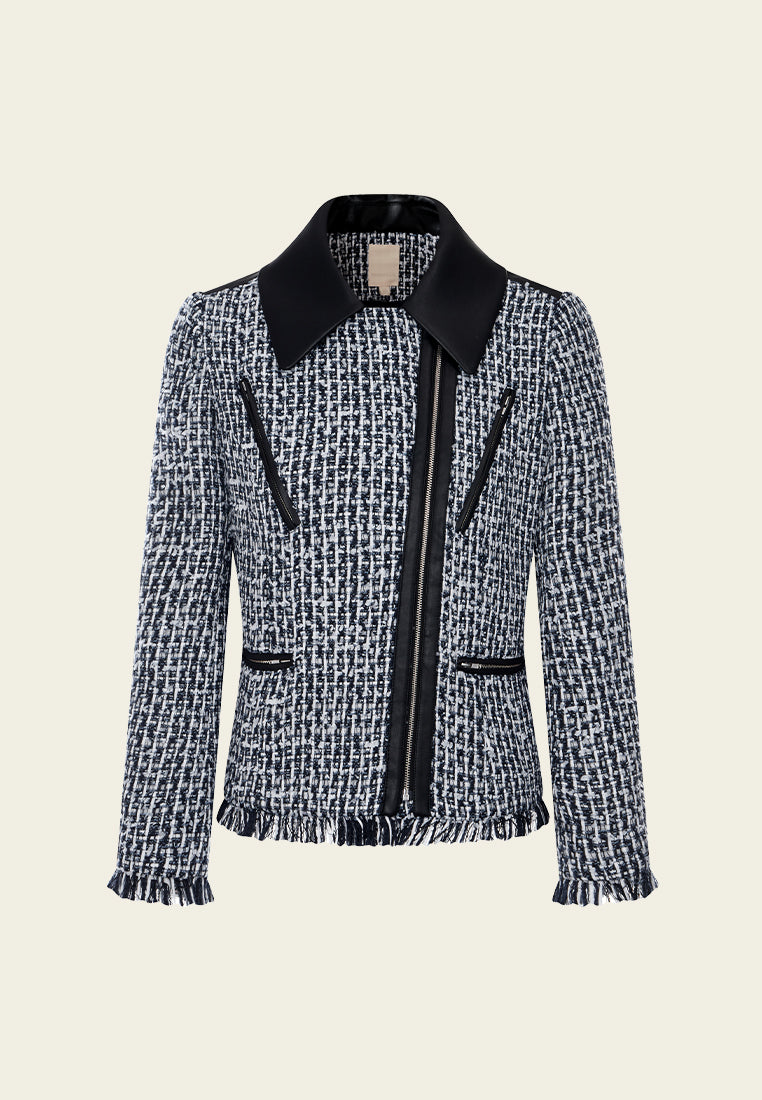 Faux-leather Trim Frayed-detail Mixed Tweed Jacket