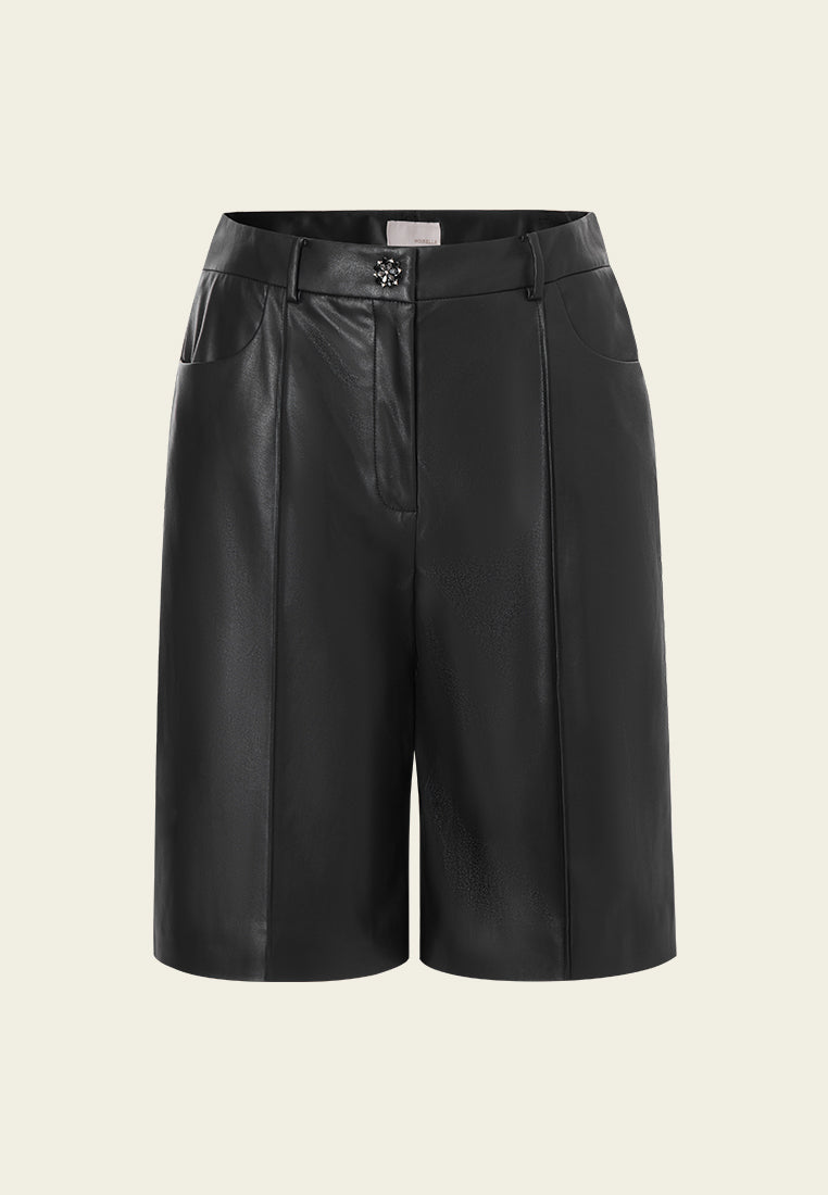 High-waisted Pressed Crease Vegan Leather Shorts