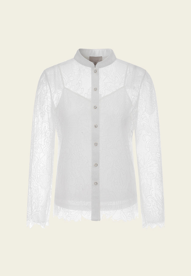 Stand-collar Crystal-button Lace Shirt