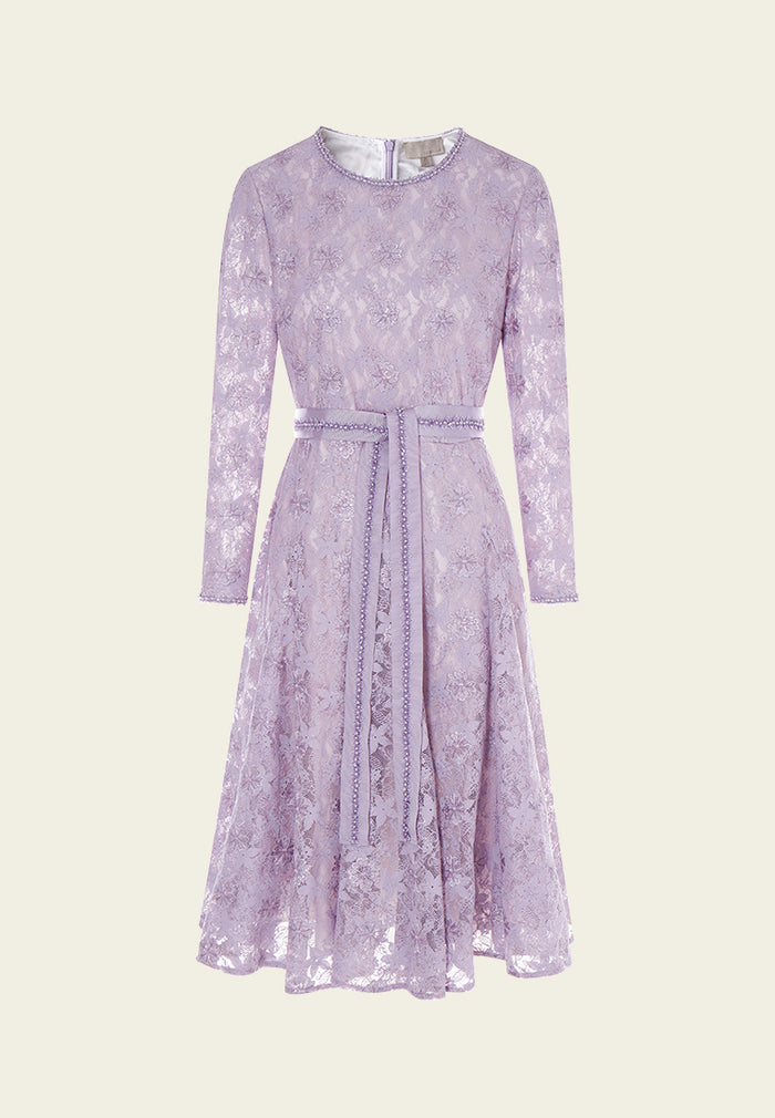 Lilac Tie-belted Lace Dress