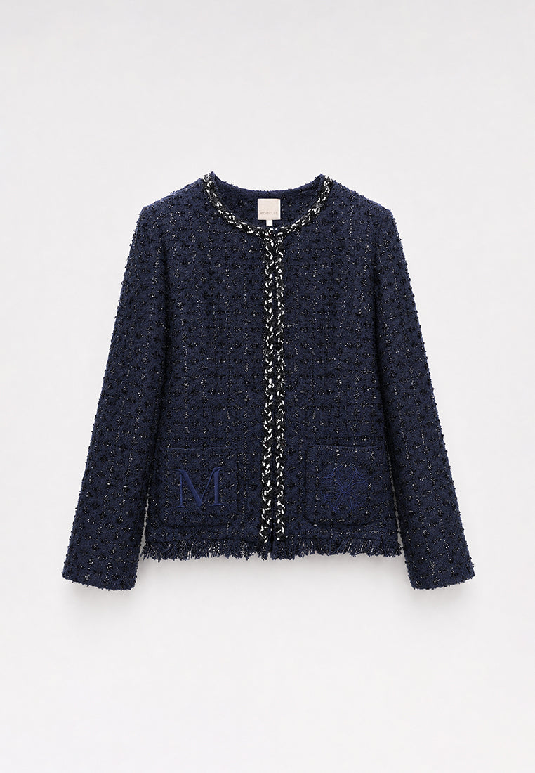 Bleu Tweed Tresse Frangée Jacket