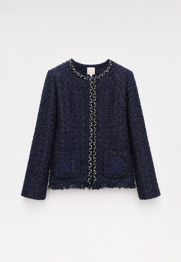 Bleu Tweed Tresse Frangée Jacket