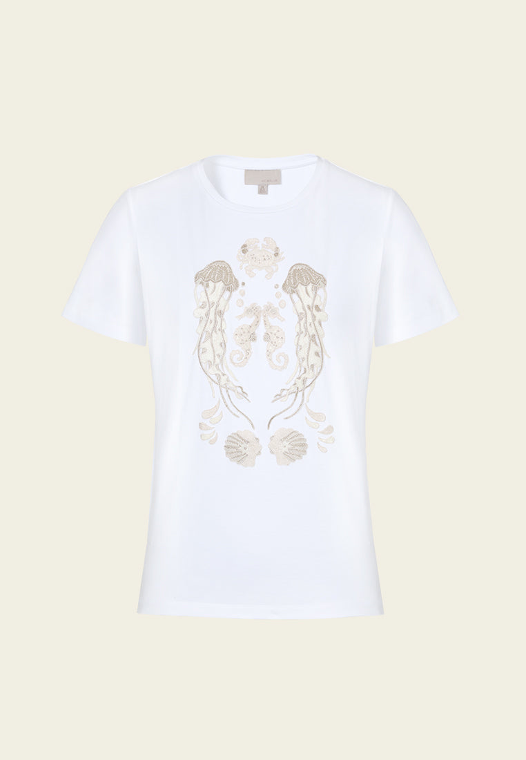 Symmetric Ocean-themed Embroidery T-shirt