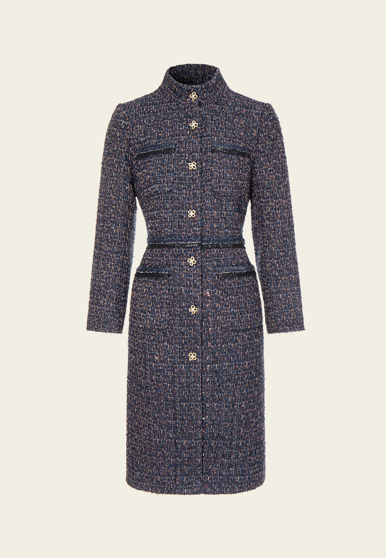 Mixed Tweed Embellished-trim Stand Collar Dress