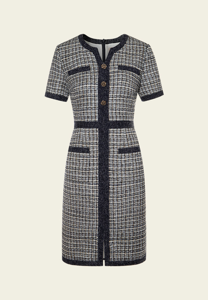 Rose Sculpted-button Contrast-trim Checked Dress