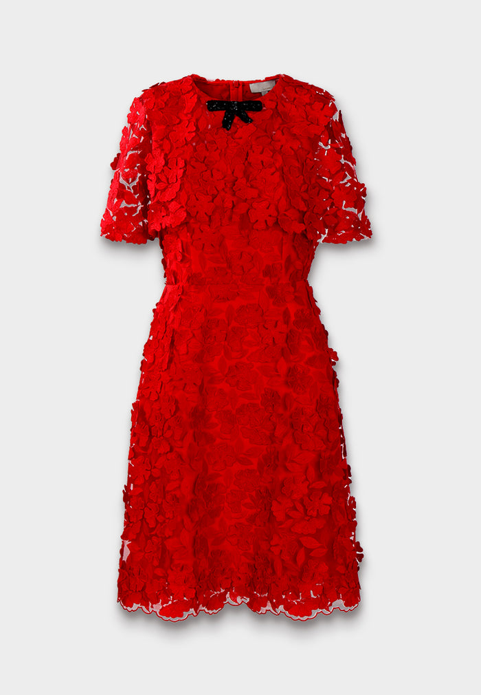 Scarlet Bloom Appliqué Dress