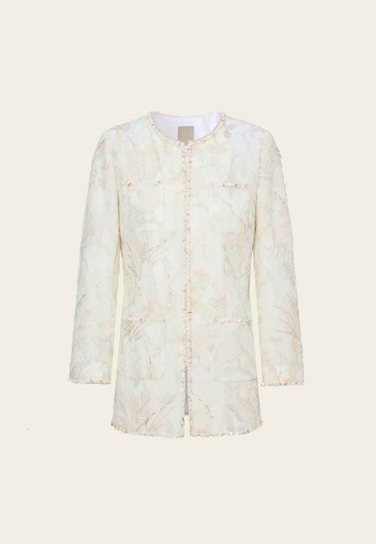 Stone-detail Embellished Floral-embroidery Long Jacket