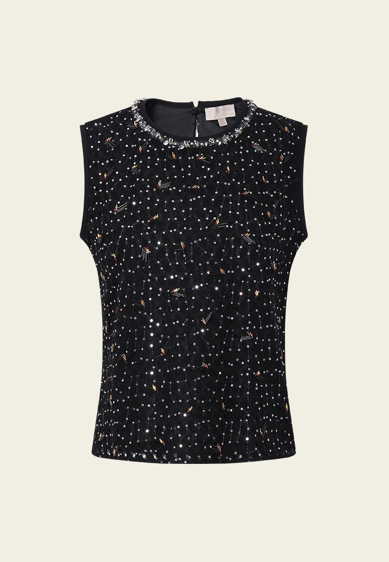 Jeweled Grid Sequin Sleeveless Top