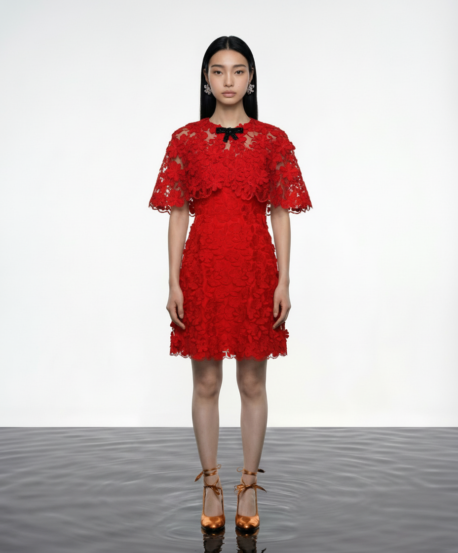 Scarlet Bloom Appliqué Dress