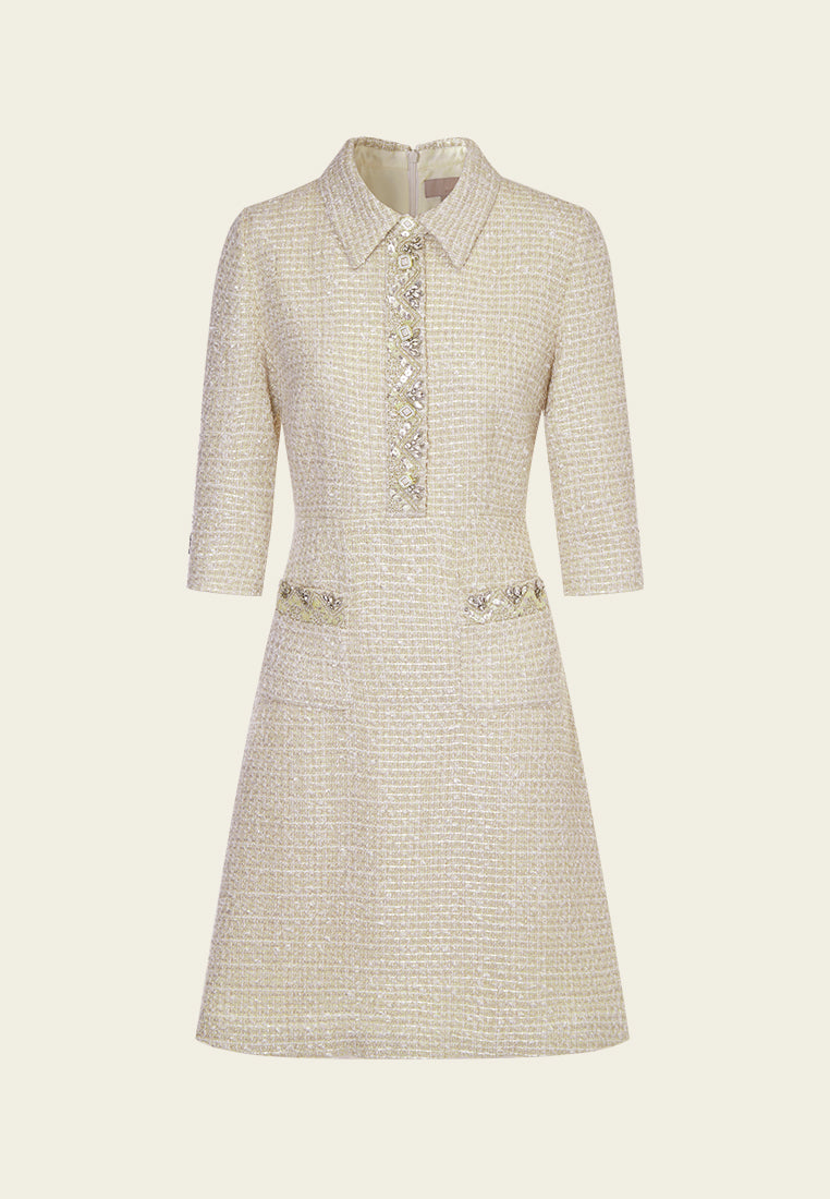 Embellish-trimmed Lapel A-line Dress