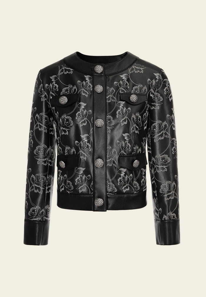 Floral-embroidered Faux-leather Cropped Jacket