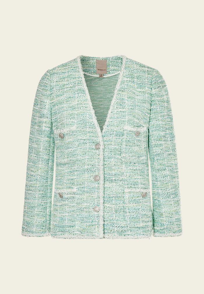Mint Green V-neck Stretch Tweed Jacket MOISELLE