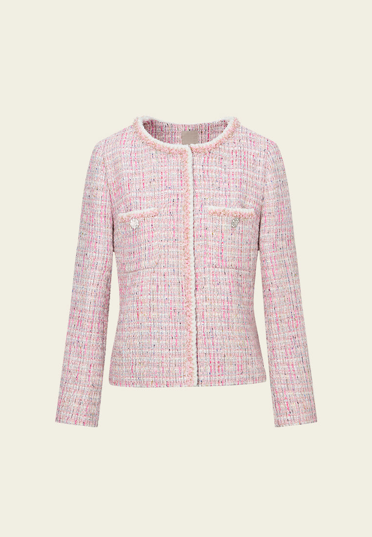 Round Neck Mixed Tweed Contrasting-trim Cropped Jacket