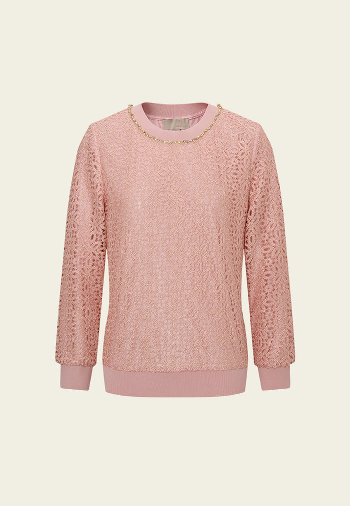 Crochet-lace Crystal-trim Sweatshirt