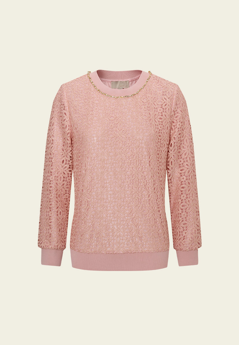Crochet-lace Crystal-trim Sweatshirt
