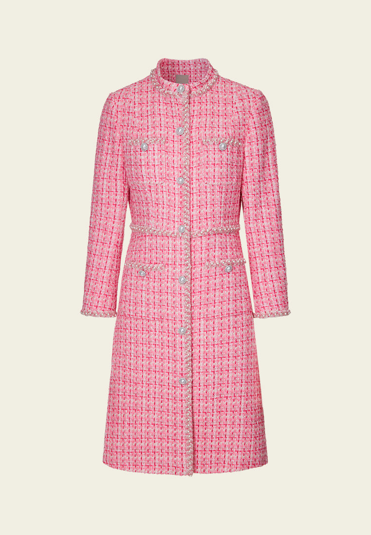 Stand-collar Patch-pocket Embellished-trim Checked Dress