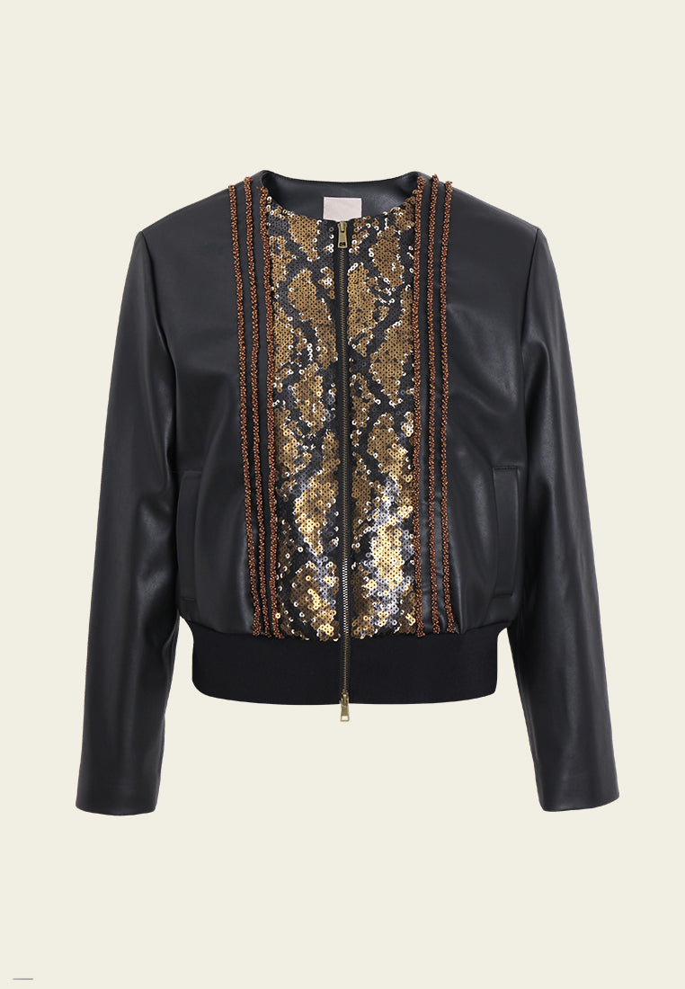 Sequin Panel Leather Zip Jacket