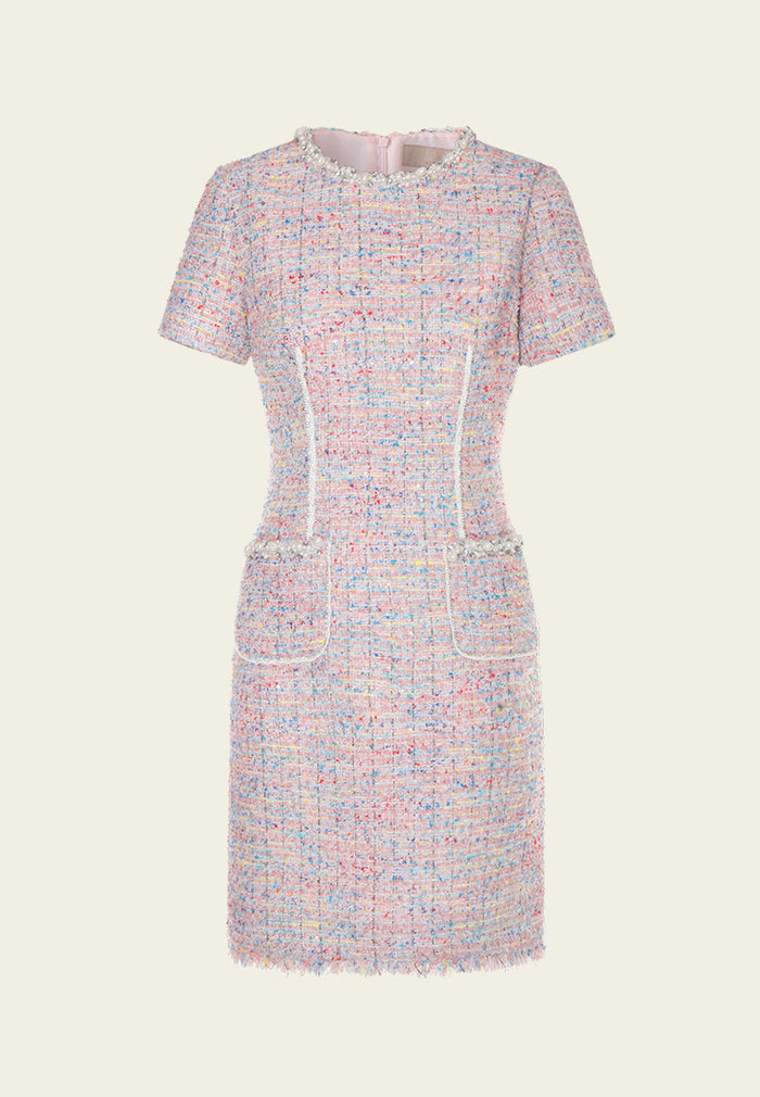 Mixed Tweed Embellished-trim Patch-pocket Dress