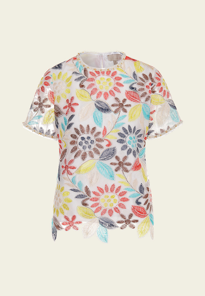 Colorful Embroidered Embellished-trim Shirt