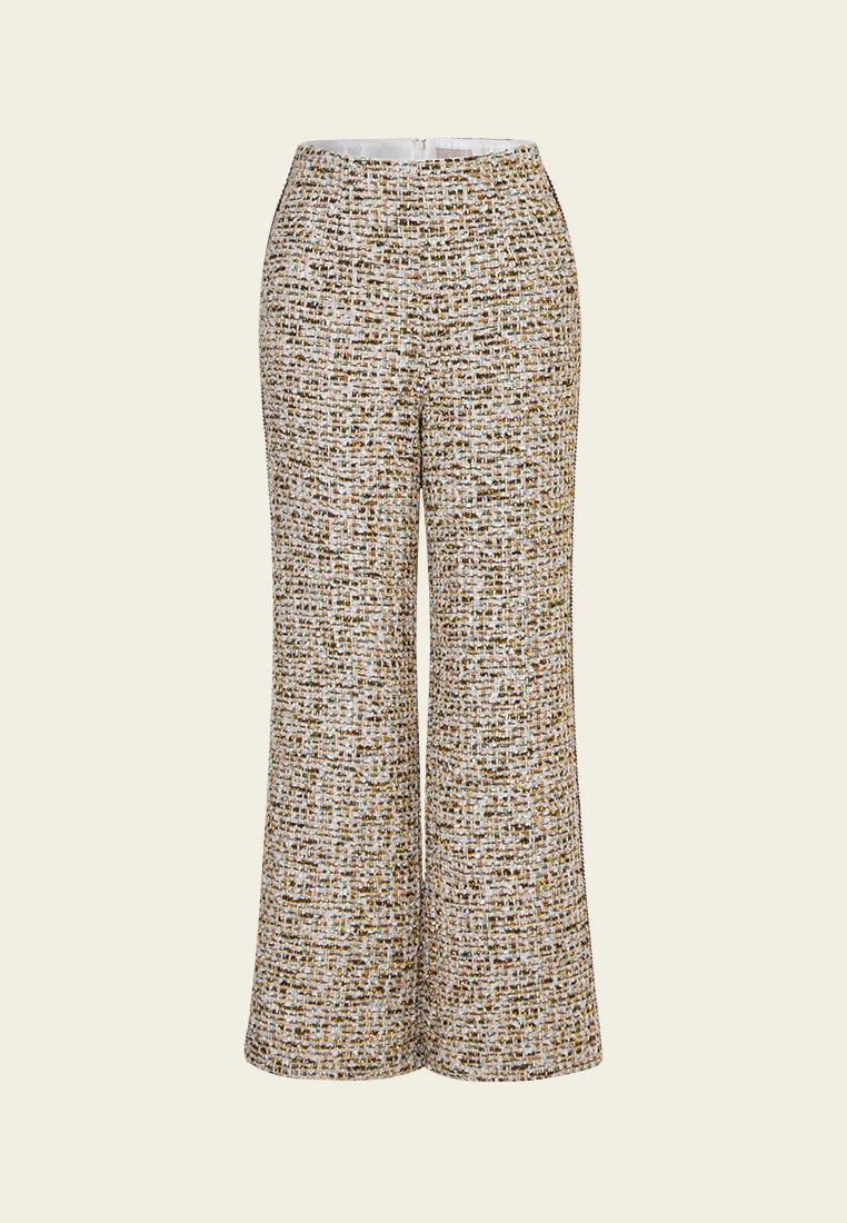 Concealed-fastening Flared Mixed Tweed Trousers