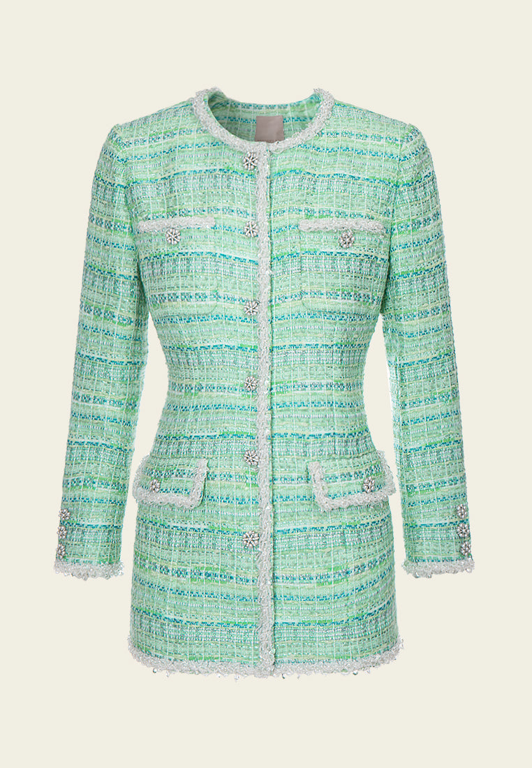 Lime Green Beaded-Trim Embellished-Button slim-fit Jacket
