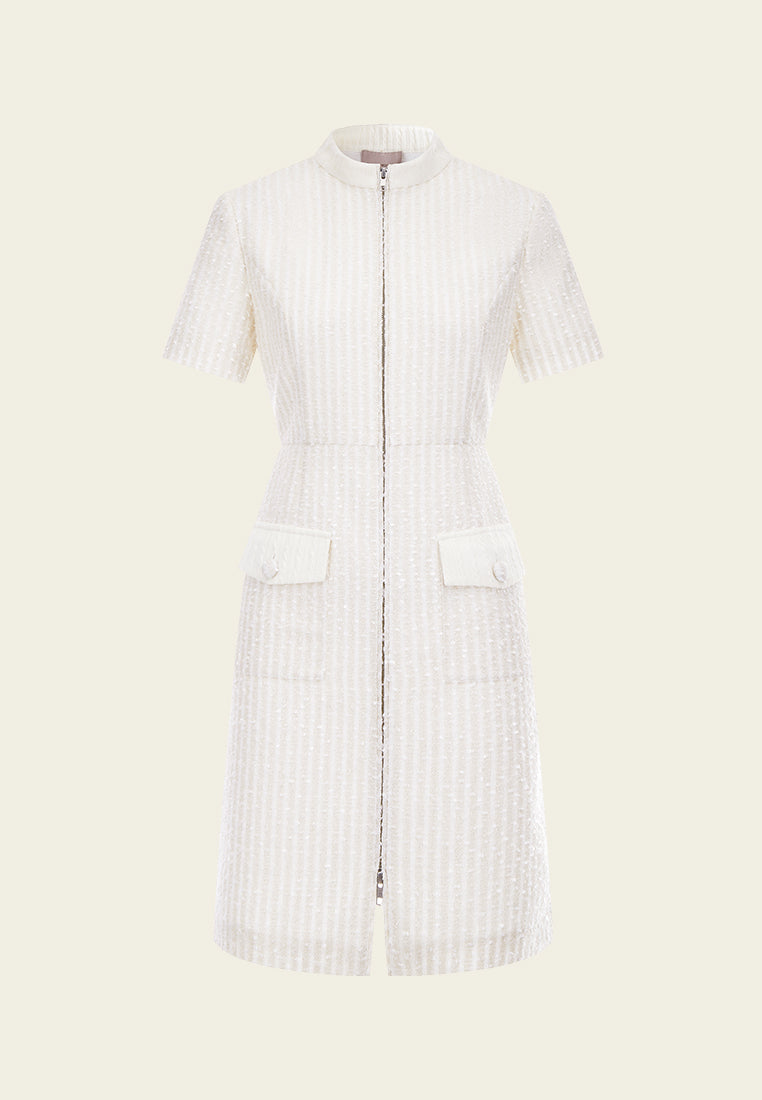 Beige White Stand Collar Zip-Up Tweed Dress