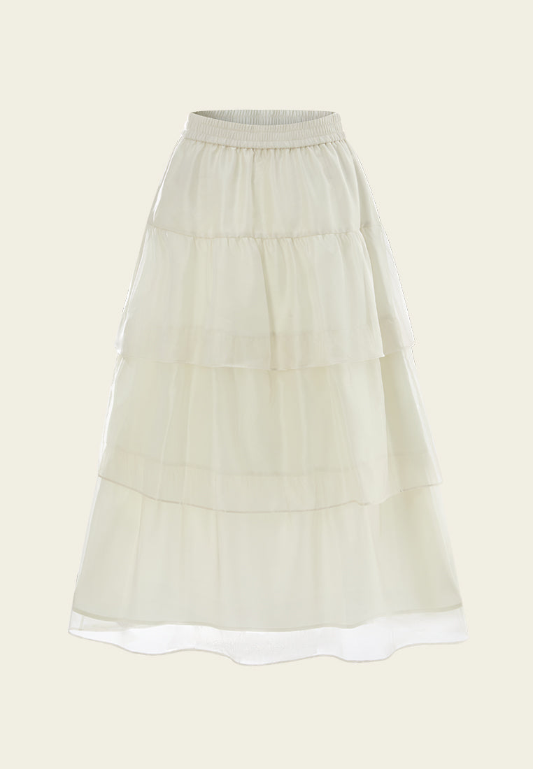 Elasticated-waistband Layered Maxi Mesh Skirt Cream
