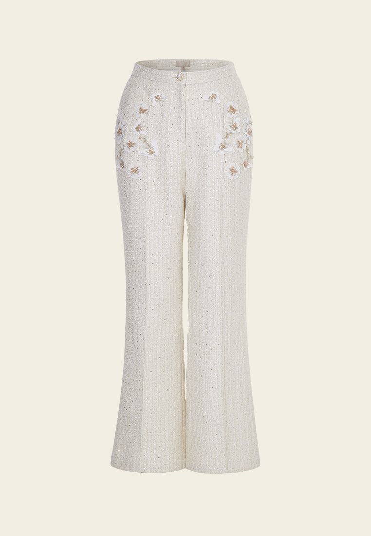 High-waist Flared Slim-fit Cream White Floral-detail Trousers