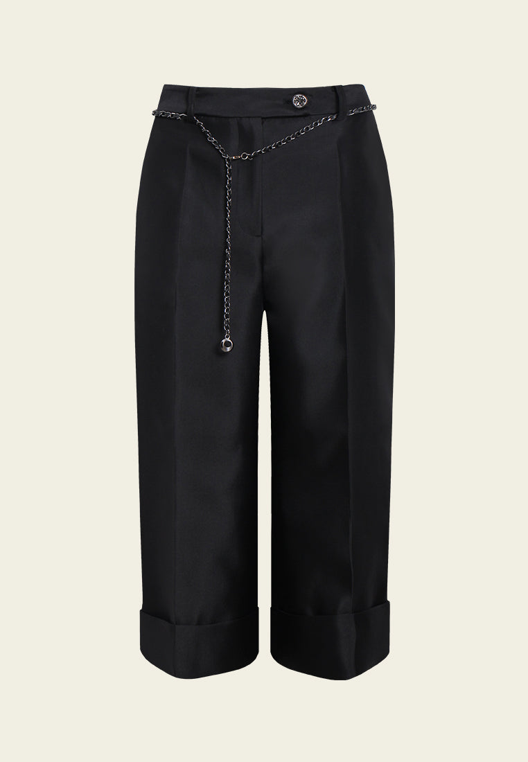Chain Belt Pleated Cropped Trousers