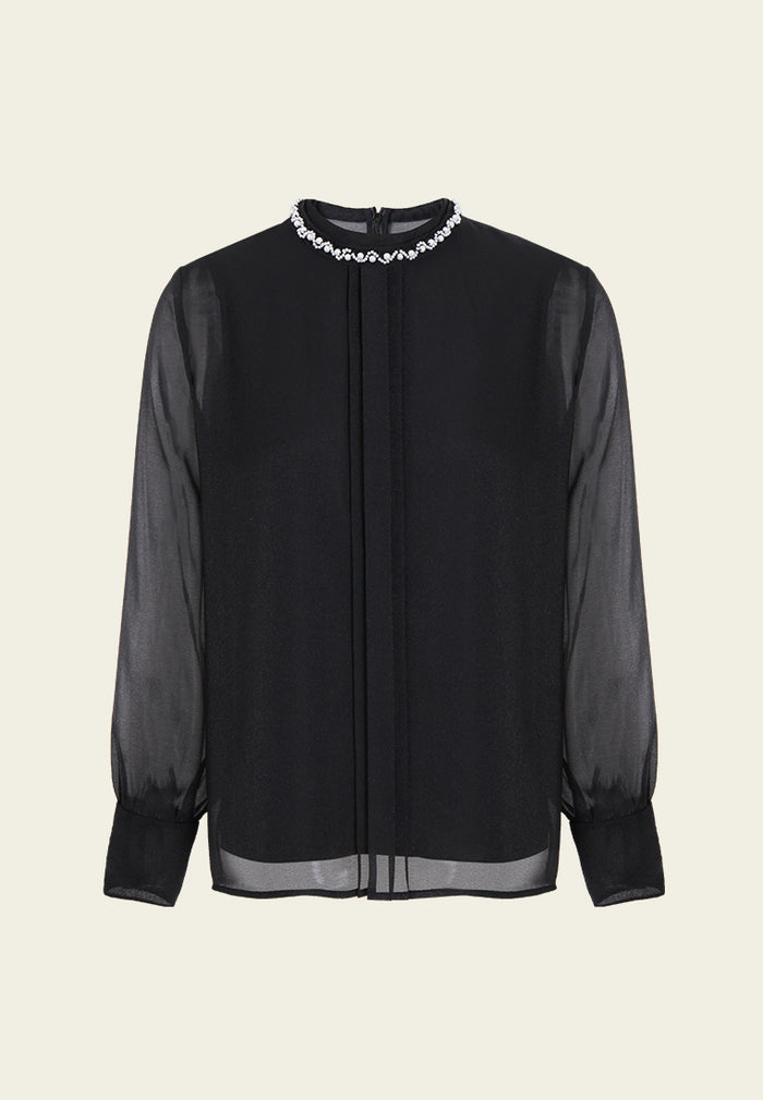 Embellished Floral Trim Sheer Blouse